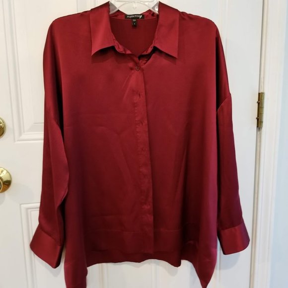 Eileen Fisher Tops - Eileen Fisher Cranberry Red Long Sleeve Hammered Silk Collared Blouse, Sz Small